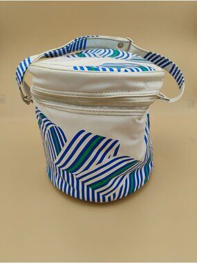 Vtg Avon Vinyl Insulated Cooler Lunch Bag Blue & Green Striped Zip Closure Strap